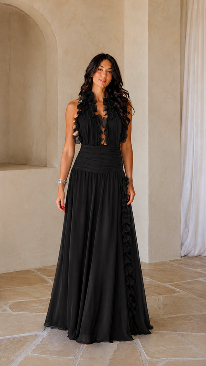 Black ruffle halter flowing maxi dress front view