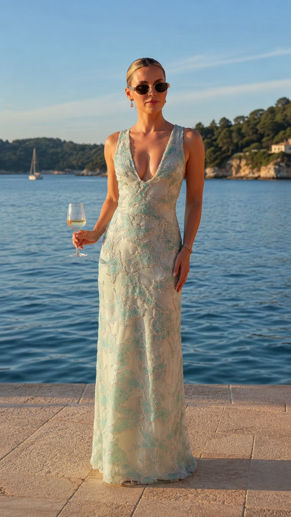 Front view of mint deep V-neck embellished lace maxi evening dress
