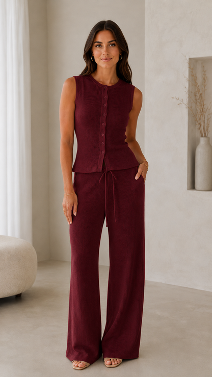 Model wearing a burgundy ribbed sleeveless button-front top with matching wide-leg drawstring pants