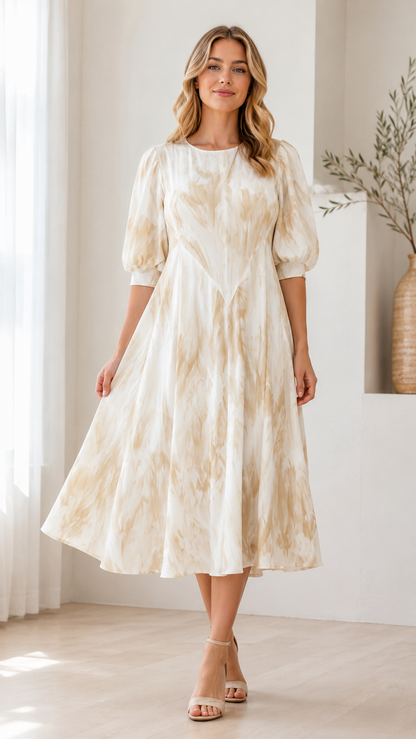 Front view of cream tie-dye midi dress with elbow-length puff sleeves