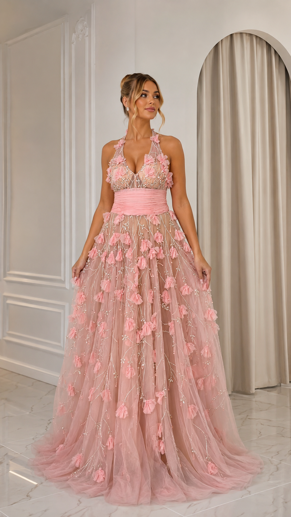 Front view of blush pink floral halter formal gown with ruched waistband