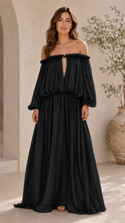 Front view of black off shoulder plunge maxi dress with gathered waist