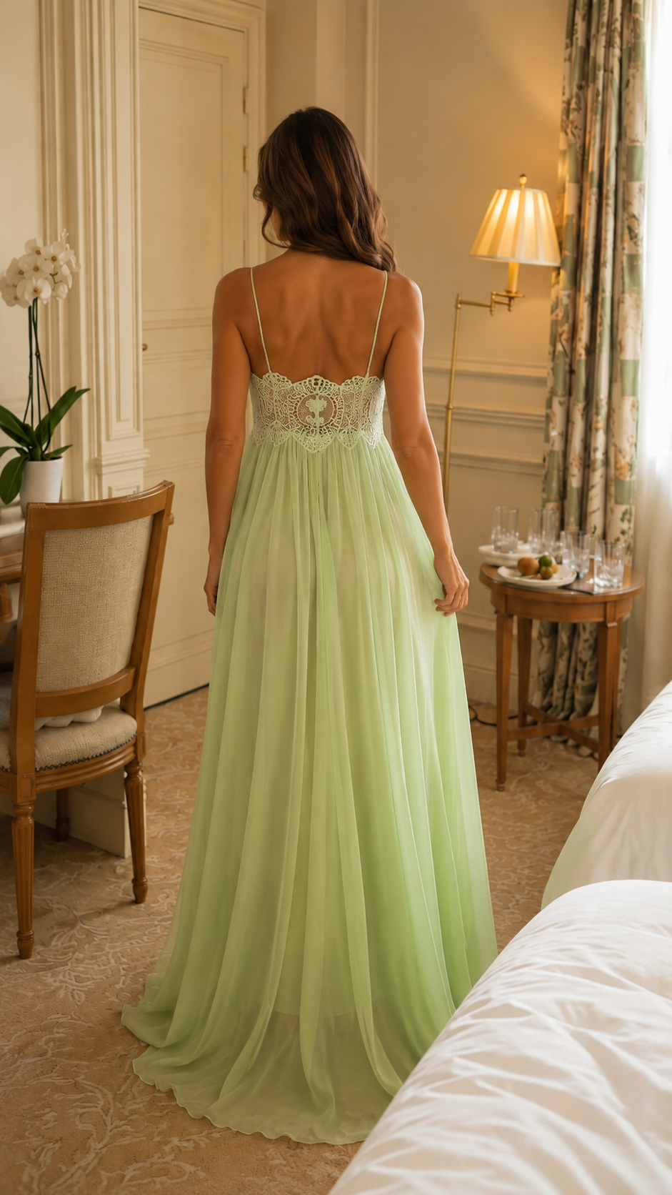 Sage lace bodice chiffon maxi slip dress back view