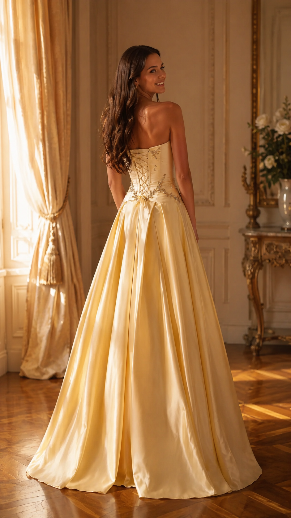 Champagne strapless gown with lace-up back and sweeping full-length skirt