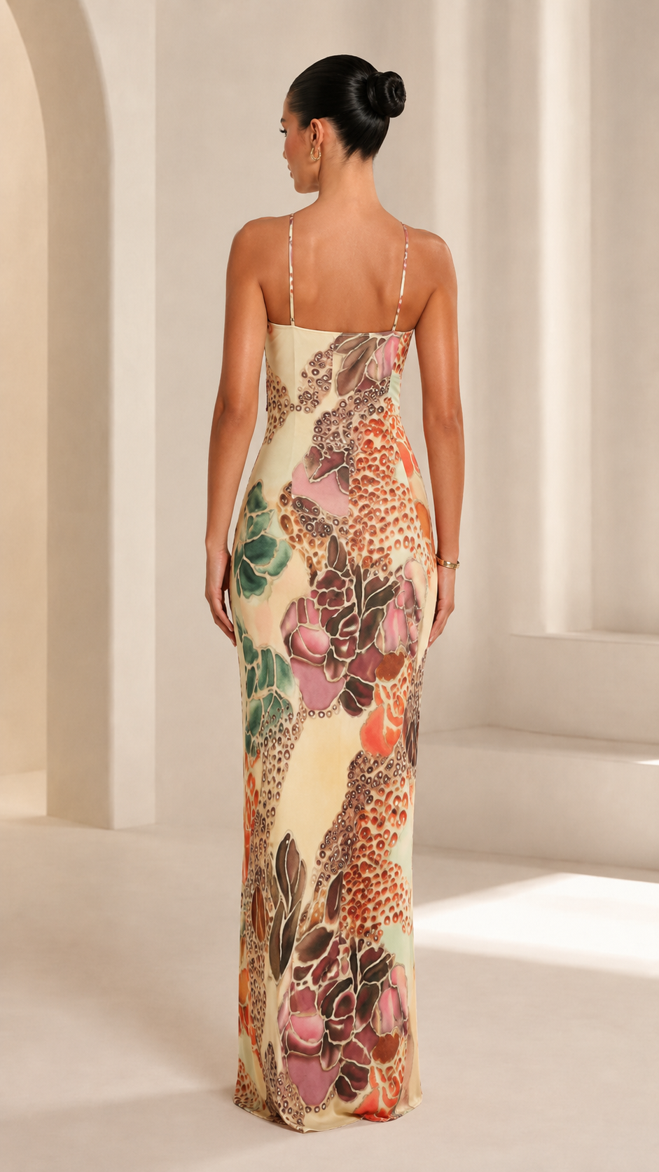 Floral print sleeveless maxi dress back view with thin straps