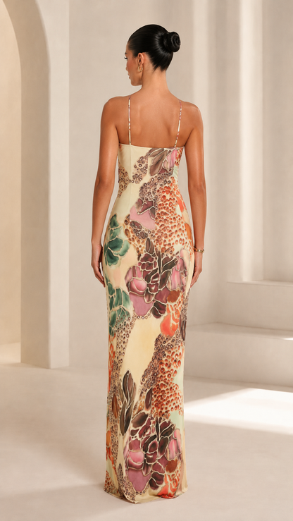 Floral print sleeveless maxi dress back view with thin straps
