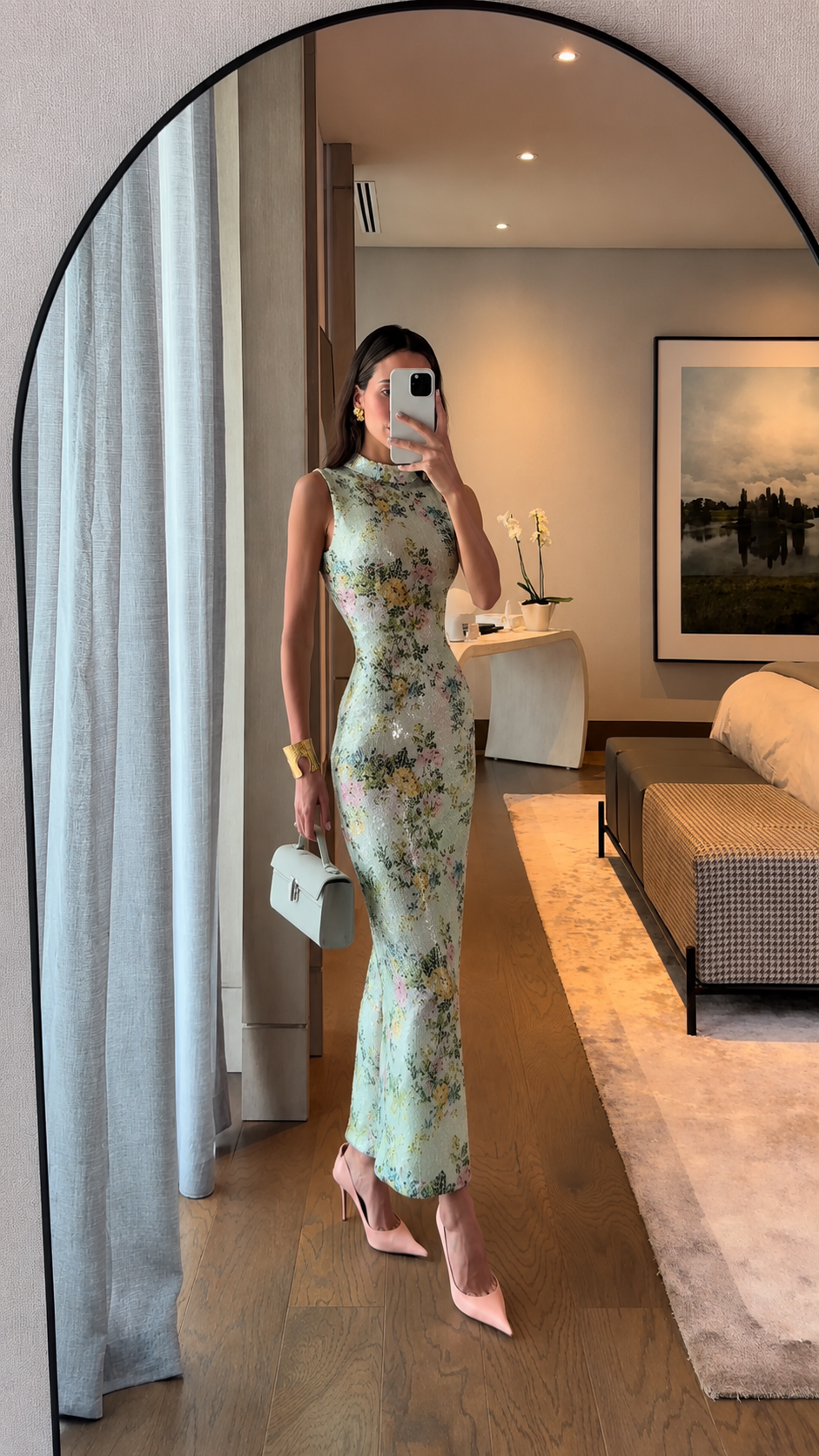 Angled front view of mint floral high neck fitted dress