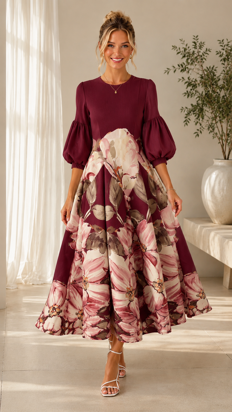 Burgundy floral puff sleeve full skirt dress front view