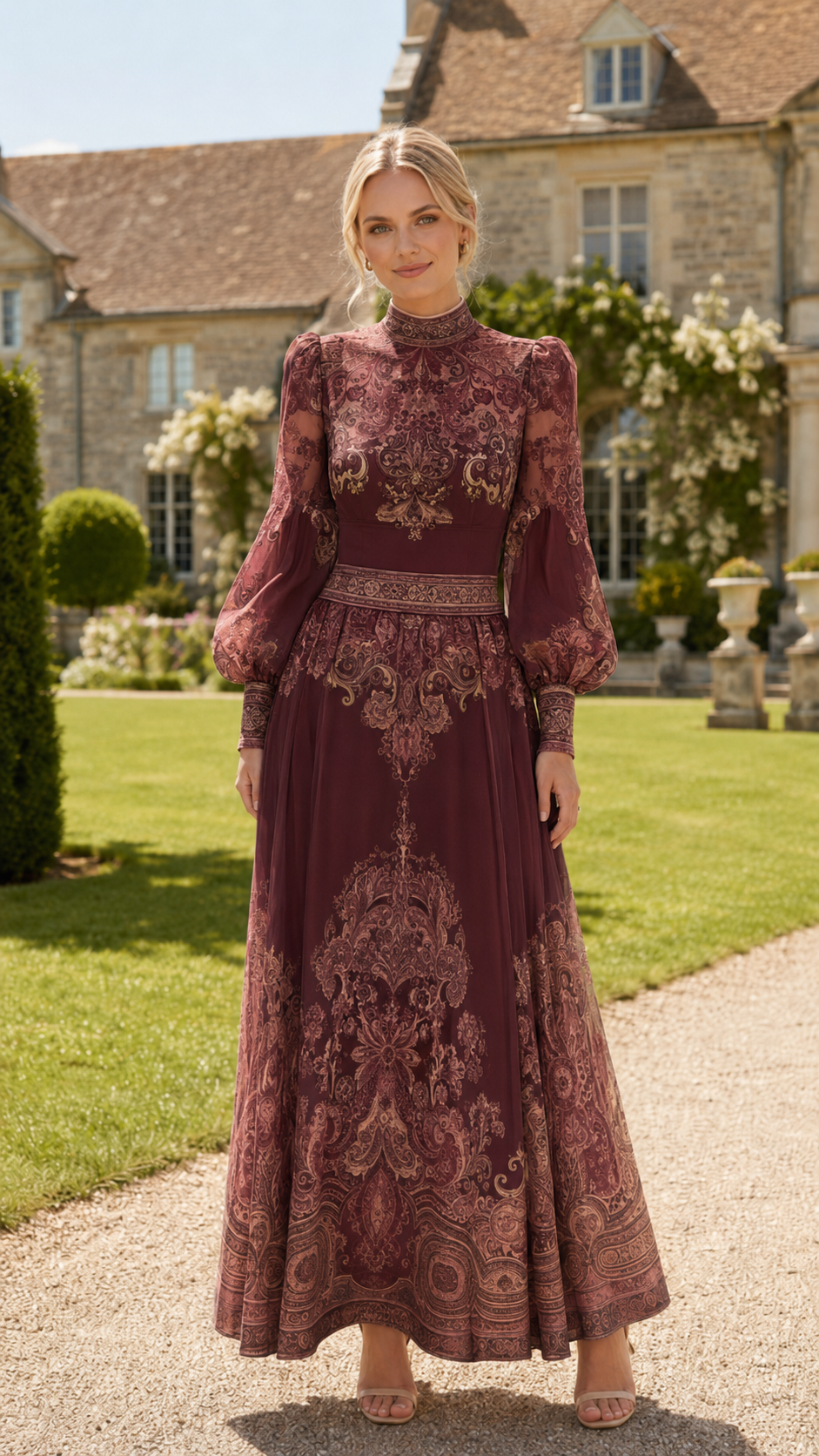 Front view of burgundy maxi dress with high neckline, puff sleeves, and vintage-inspired ornate print