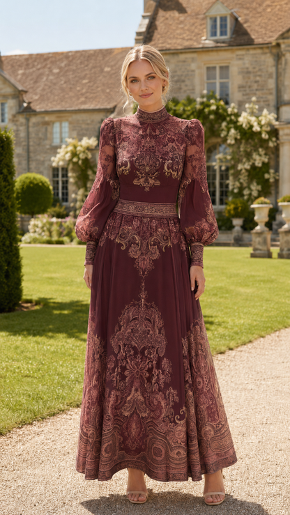 Front view of burgundy maxi dress with high neckline, puff sleeves, and vintage-inspired ornate print