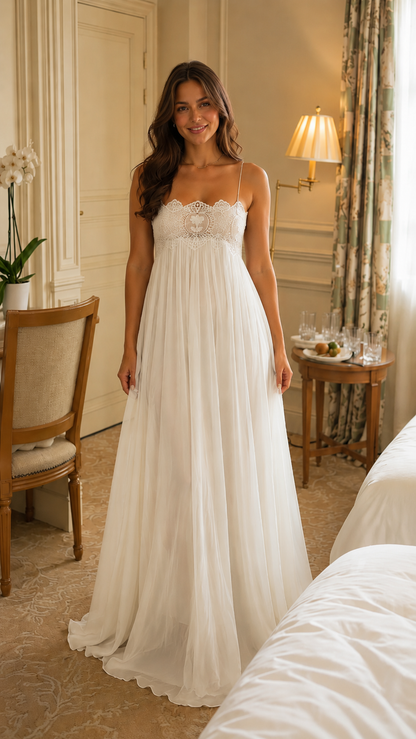 Ivory lace bodice chiffon maxi slip dress front view