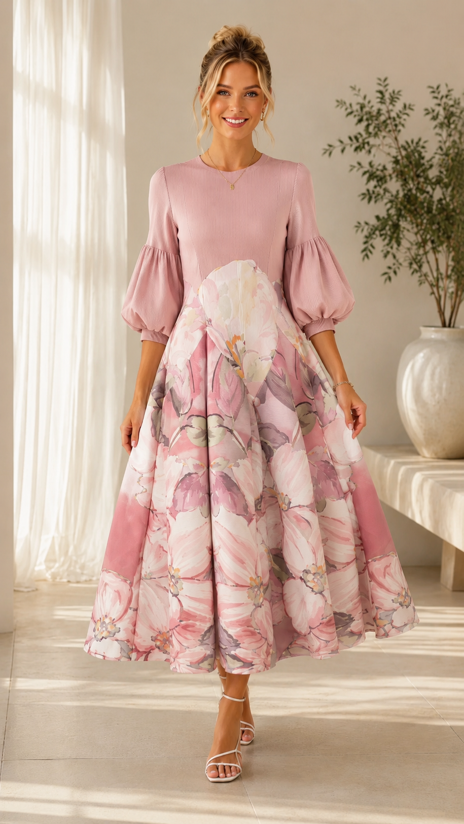 Blush pink floral puff sleeve full skirt dress front view