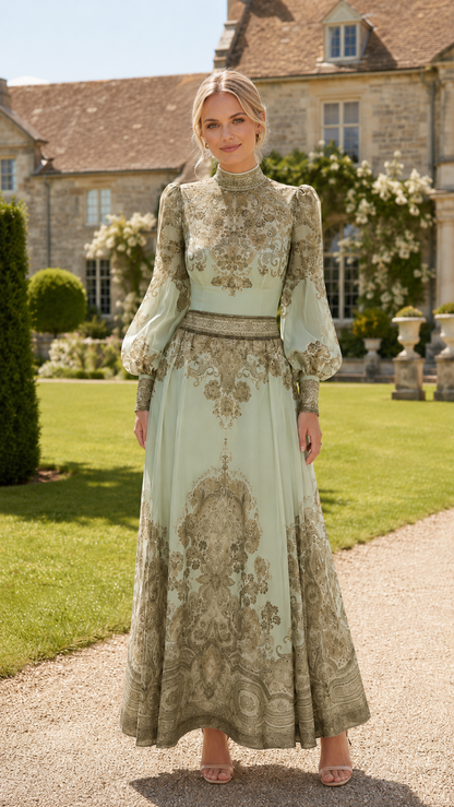 Front view of sage green high neck maxi dress with sheer sleeves and ornate placement print