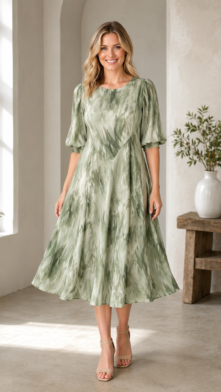 Front view of sage tie-dye midi dress with flared skirt