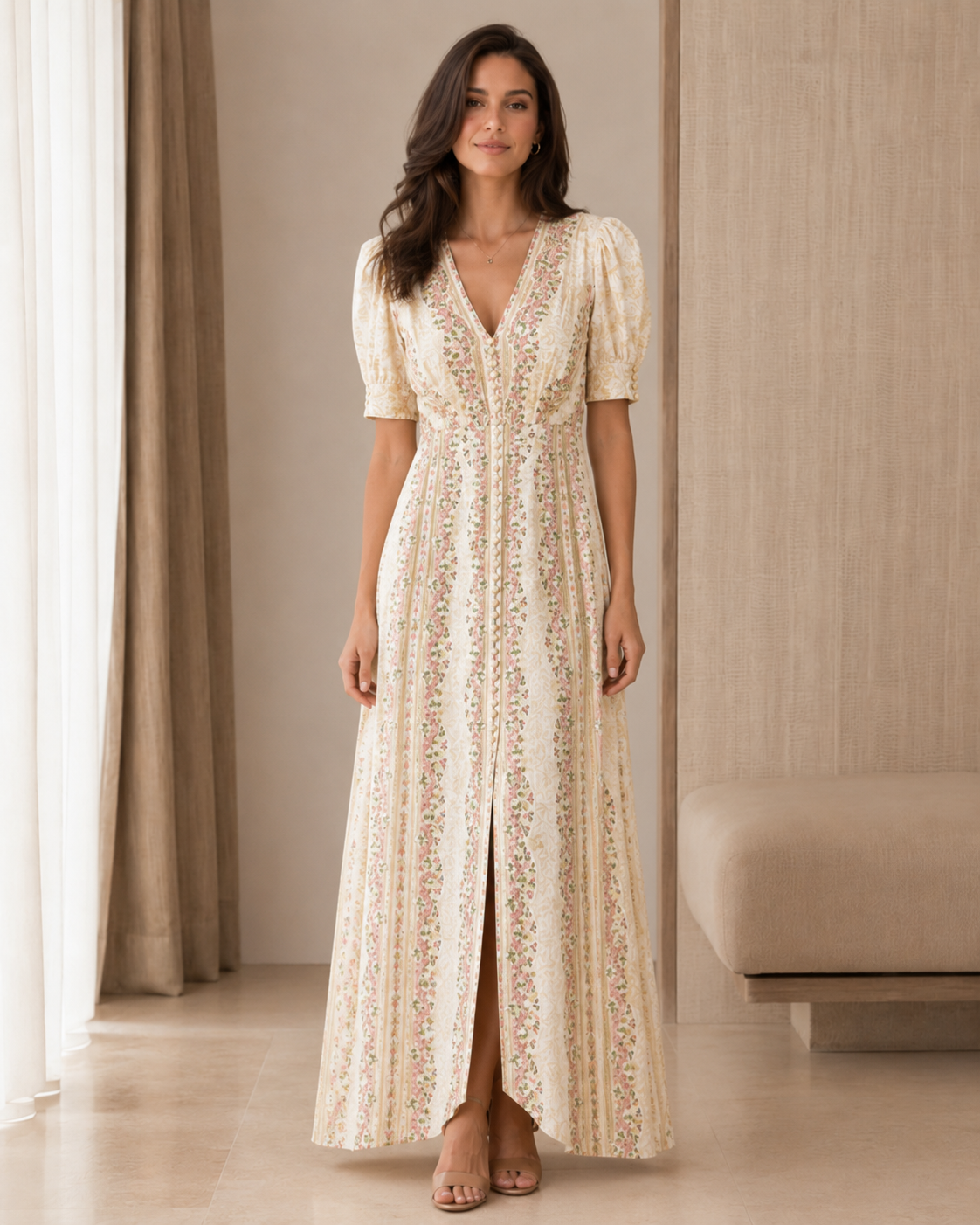 Front view of ivory printed puff sleeve V-neck maxi dress with front slit