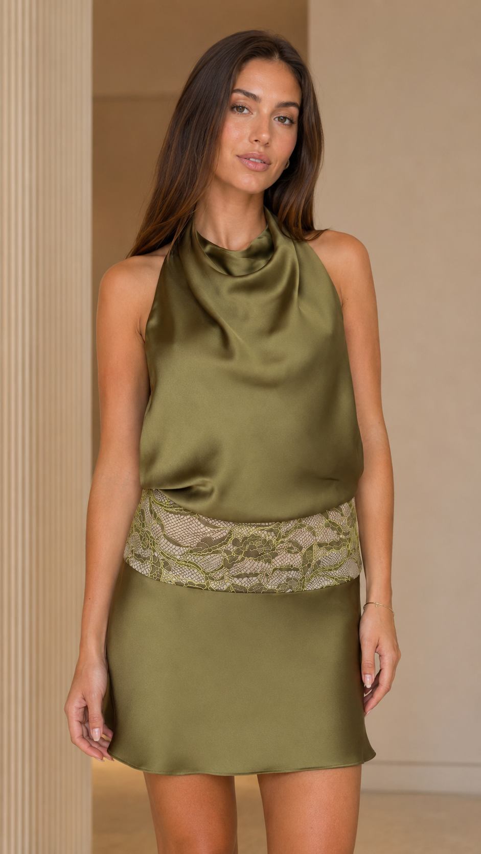Olive satin-look halter mini dress close front view with draped neckline and lace waist