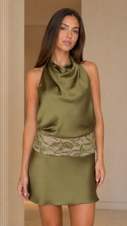 Olive satin-look halter mini dress close front view with draped neckline and lace waist