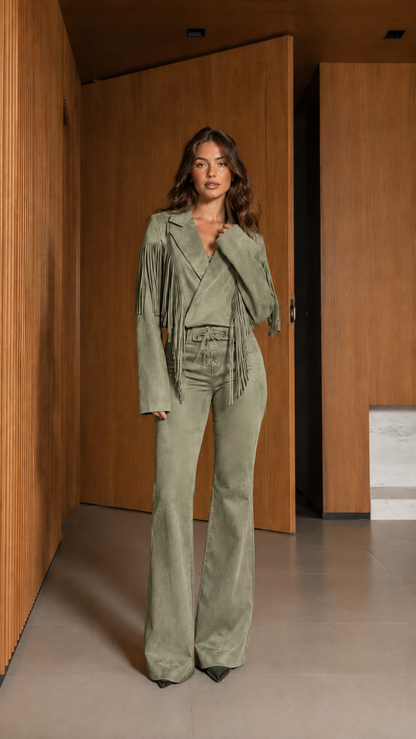 Full-length front view of sage green fringe wrap jacket and matching flare pants