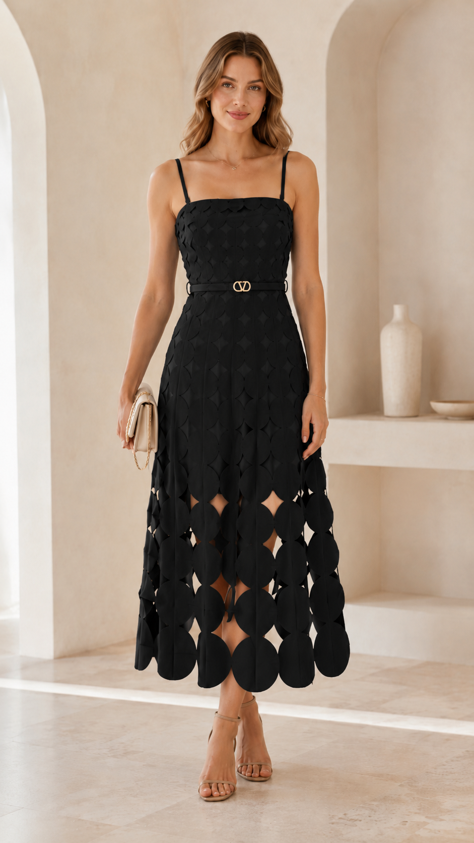 Woman wearing black belted midi dress with sleeveless design and openwork hem
