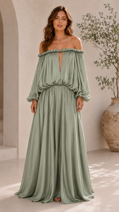 Front view of sage off shoulder maxi dress with draped bodice and long sleeves