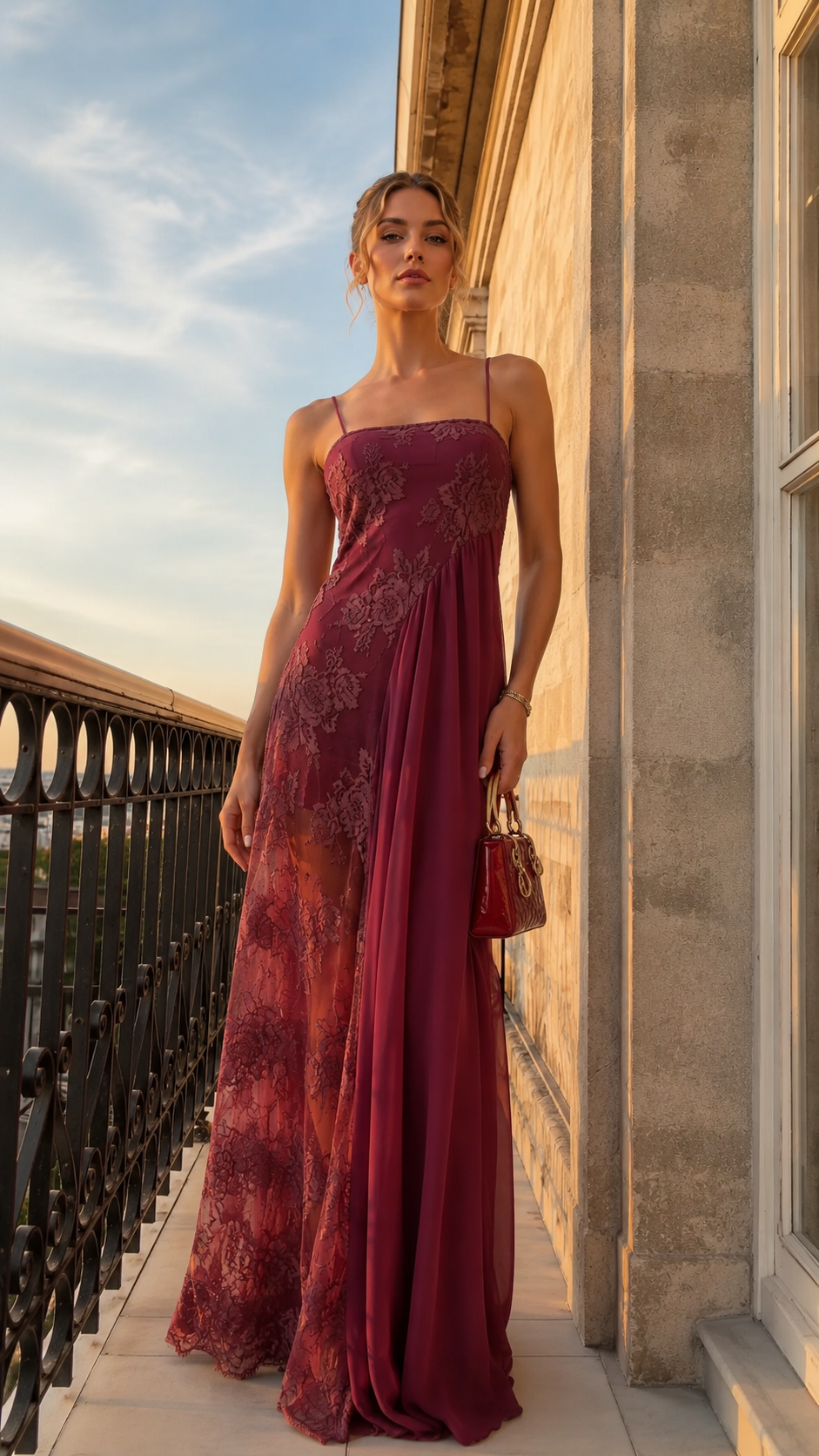 Model wearing burgundy lace overlay maxi dress angled front view