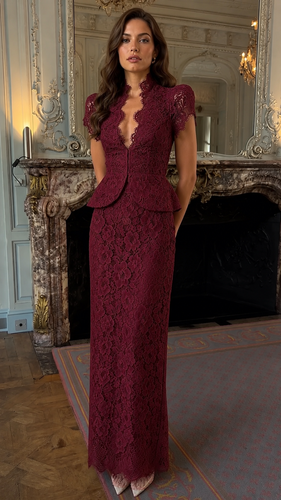 Burgundy scalloped lace peplum maxi dress with deep V neckline front view