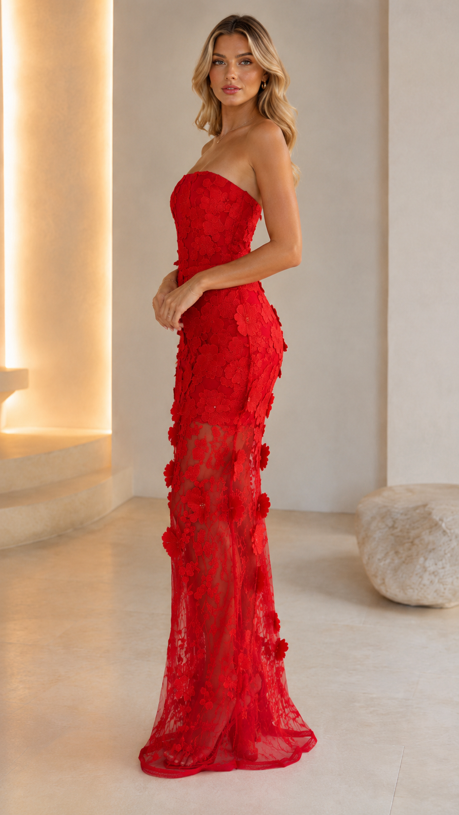 Side view of red strapless floral lace sheer mesh maxi dress