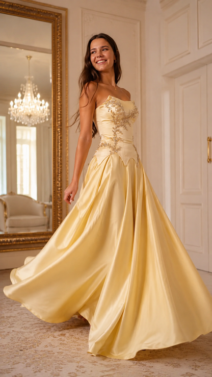 Champagne evening ball gown with embellished bodice and voluminous satin-look skirt
