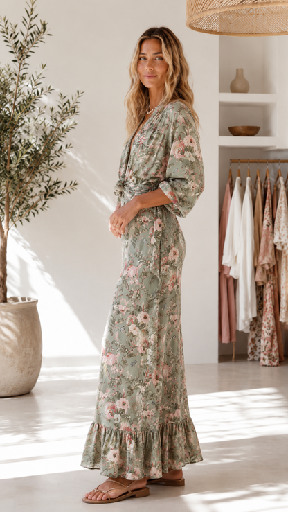 Sage floral maxi dress with 3/4 sleeves shown in side profile