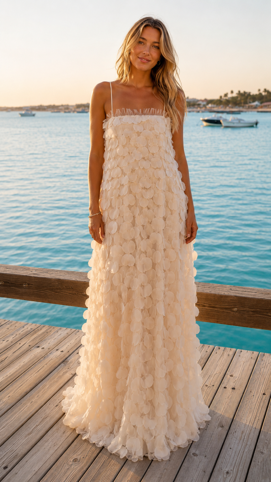 Ivory textured maxi dress with straight neckline and floor-length silhouette front view