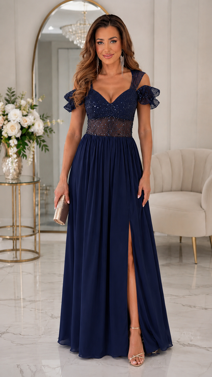 Navy sequin bodice cold shoulder maxi evening dress with front slit