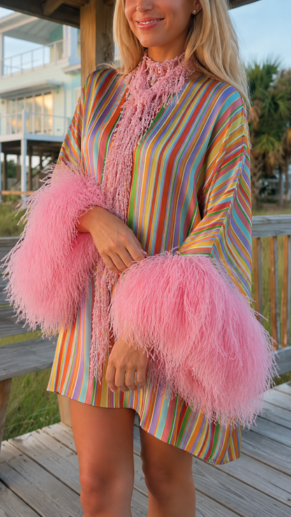 Close-up of multicolor striped dress showing pink ruffled neckline and fluffy pink cuffs