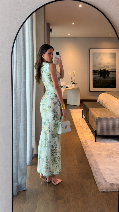 Back side view of mint floral sleeveless long dress