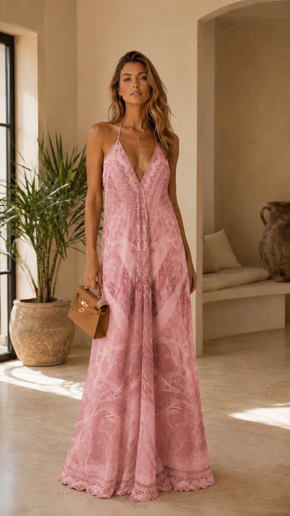 Front view of blush pink backless halter maxi dress