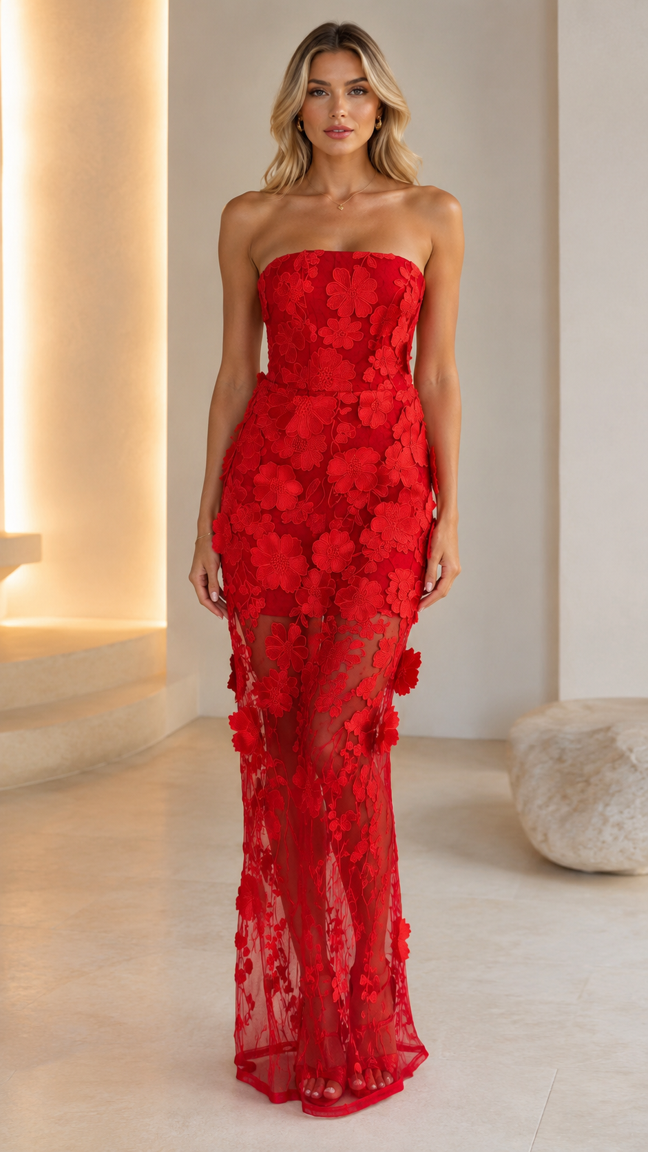 Front view of red strapless floral lace sheer mesh maxi dress