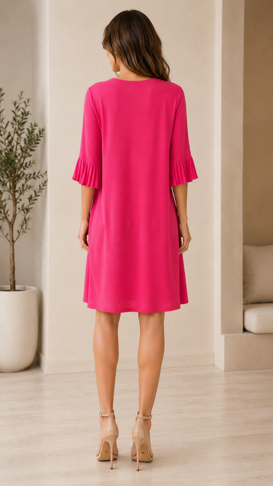 Women's hot pink floral A-line dress back view