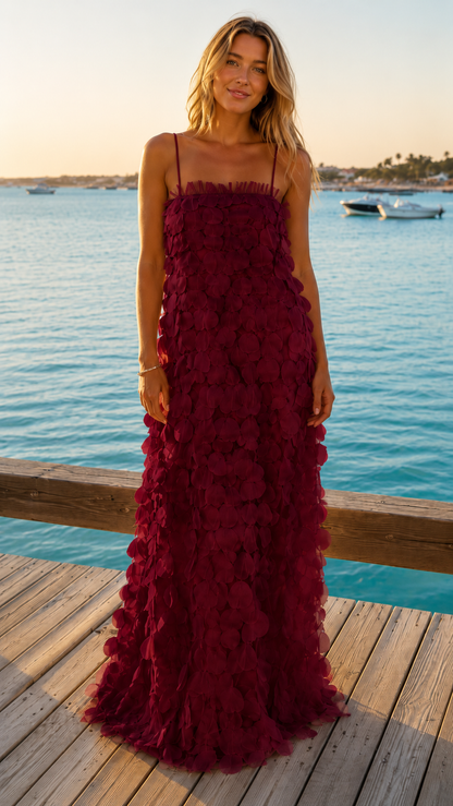 Burgundy textured maxi dress with spaghetti straps and floral appliqué front view