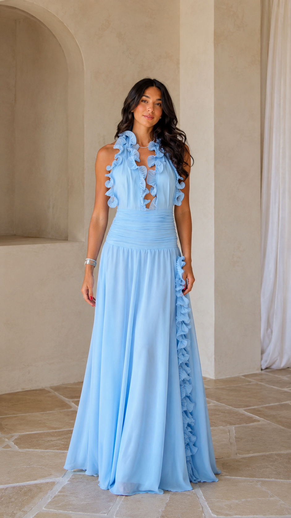 Sky blue ruffle halter chiffon-look maxi dress front view