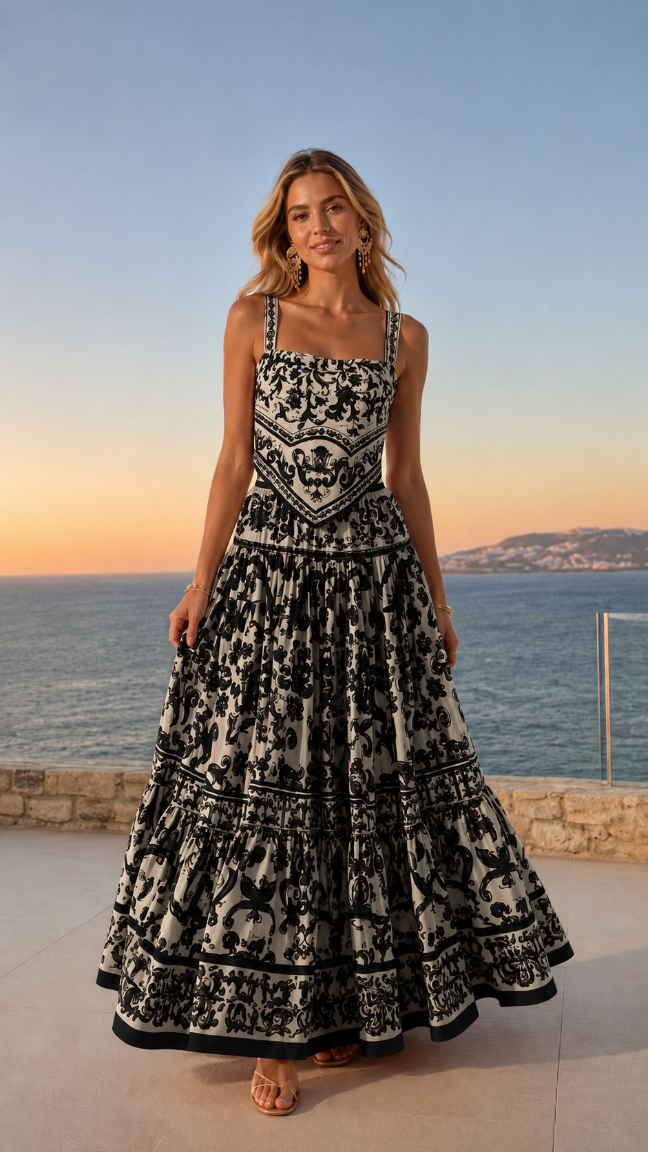 Front view of black and cream printed tiered maxi dress