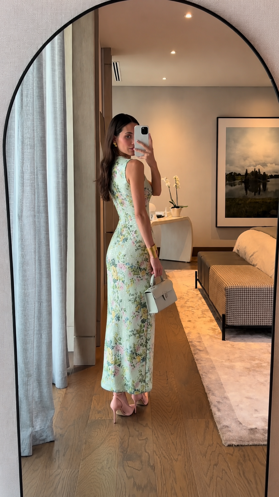 Rear view of mint floral fitted midi maxi dress