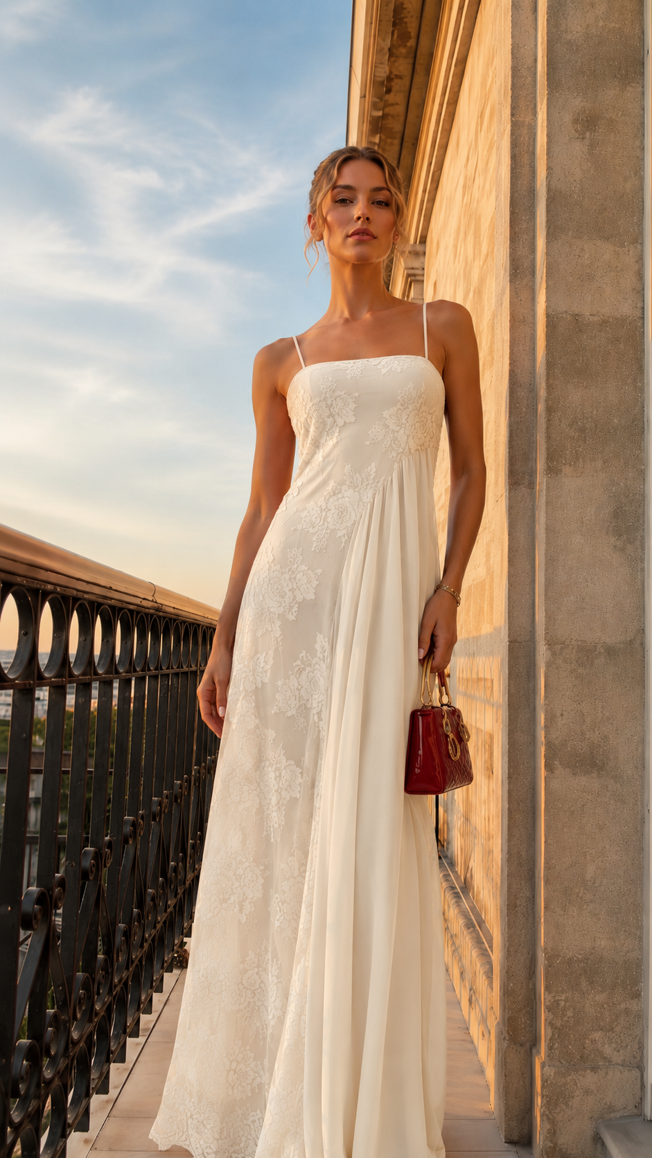 Model wearing ivory lace overlay spaghetti strap maxi evening dress