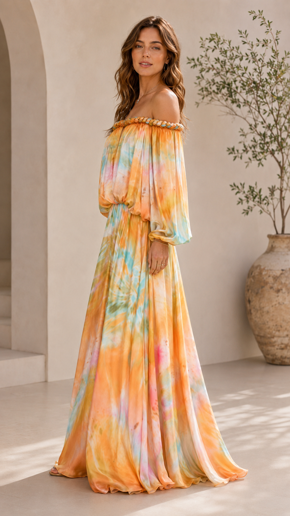 Side view of sunset multi off shoulder maxi dress with fluid silhouette