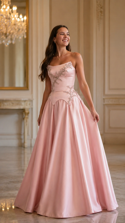 Blush pink strapless ball gown with silver-tone embellishment and full skirt