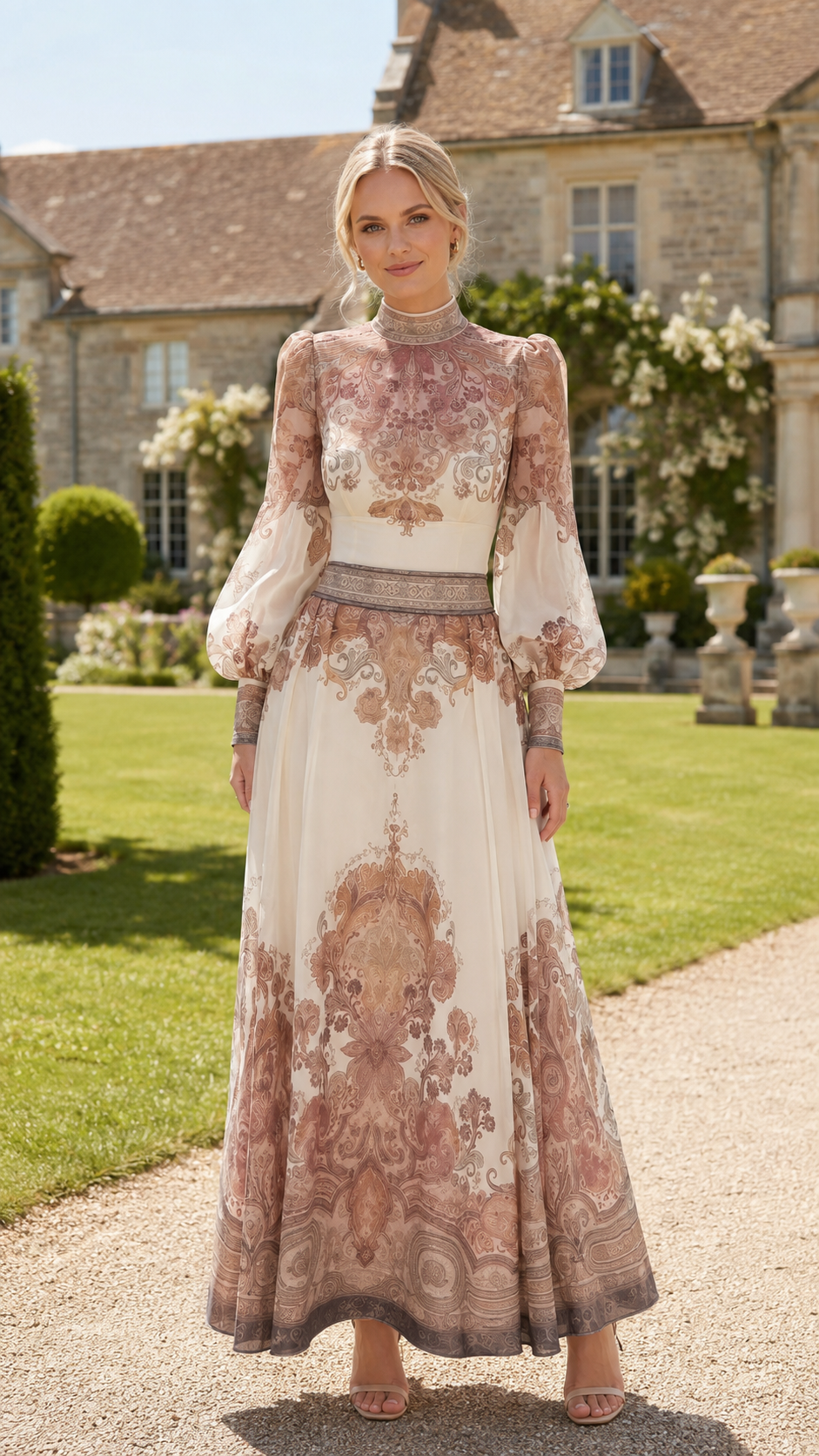 Front view of ivory maxi dress with high neck, defined waist, and baroque-style print