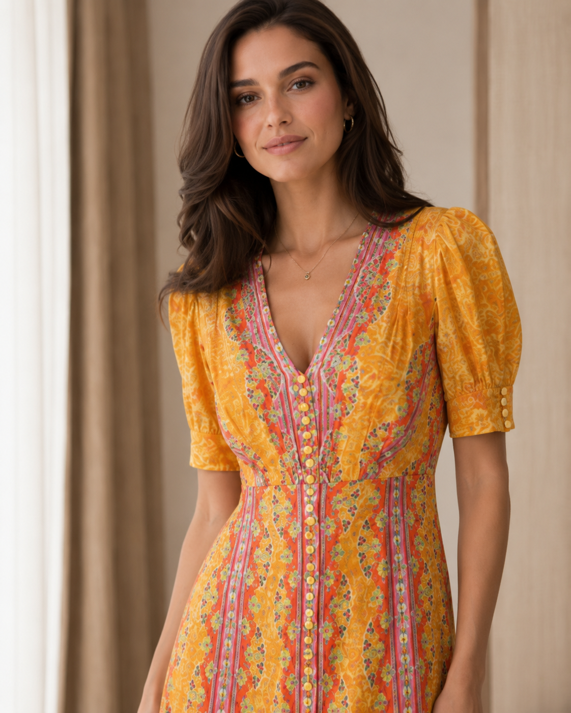 Close-up of marigold printed V-neck bodice with puff sleeves and button detail