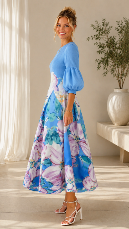 Sky blue floral puff sleeve dress side view