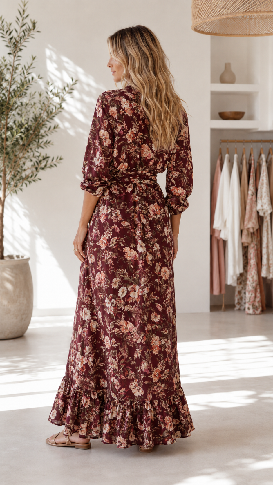 Burgundy floral maxi dress with ruffle hem shown from the back side