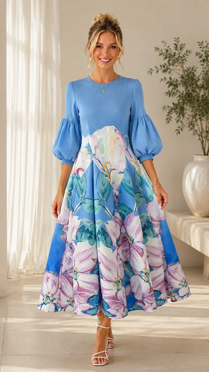 Sky blue floral puff sleeve full skirt dress front view