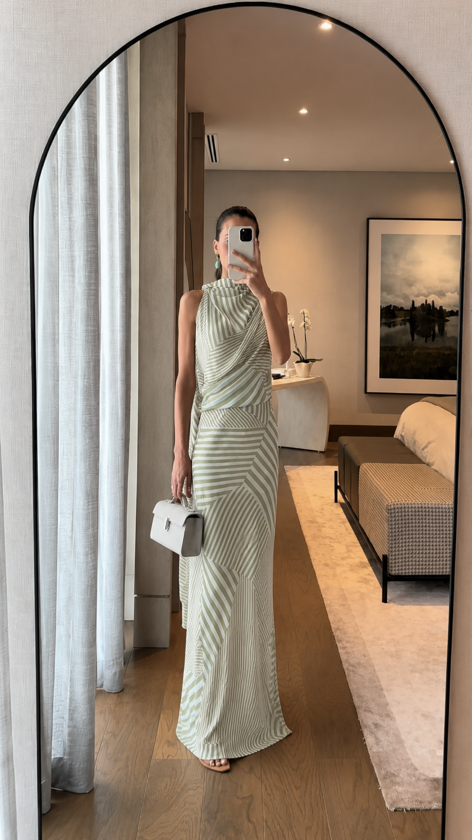 Full-length view of sage striped sleeveless draped maxi dress