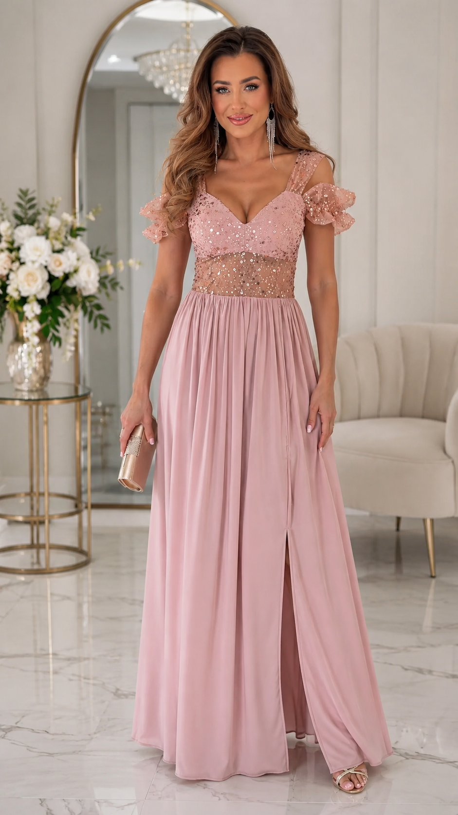 Blush pink sequin bodice cold shoulder maxi evening dress with front slit